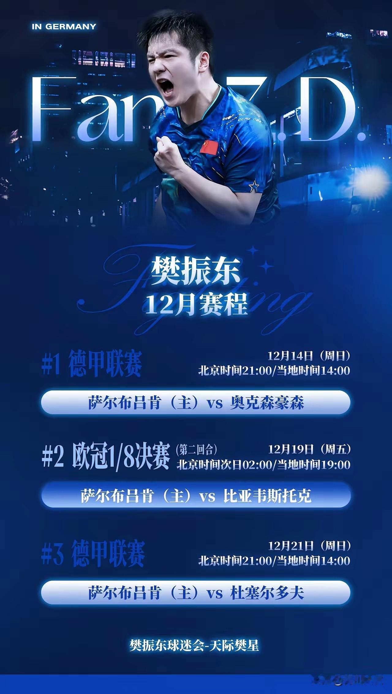 樊振东12月份德甲和欧冠的海报出来了！奇怪的是，海报却没用樊振东在萨尔布吕