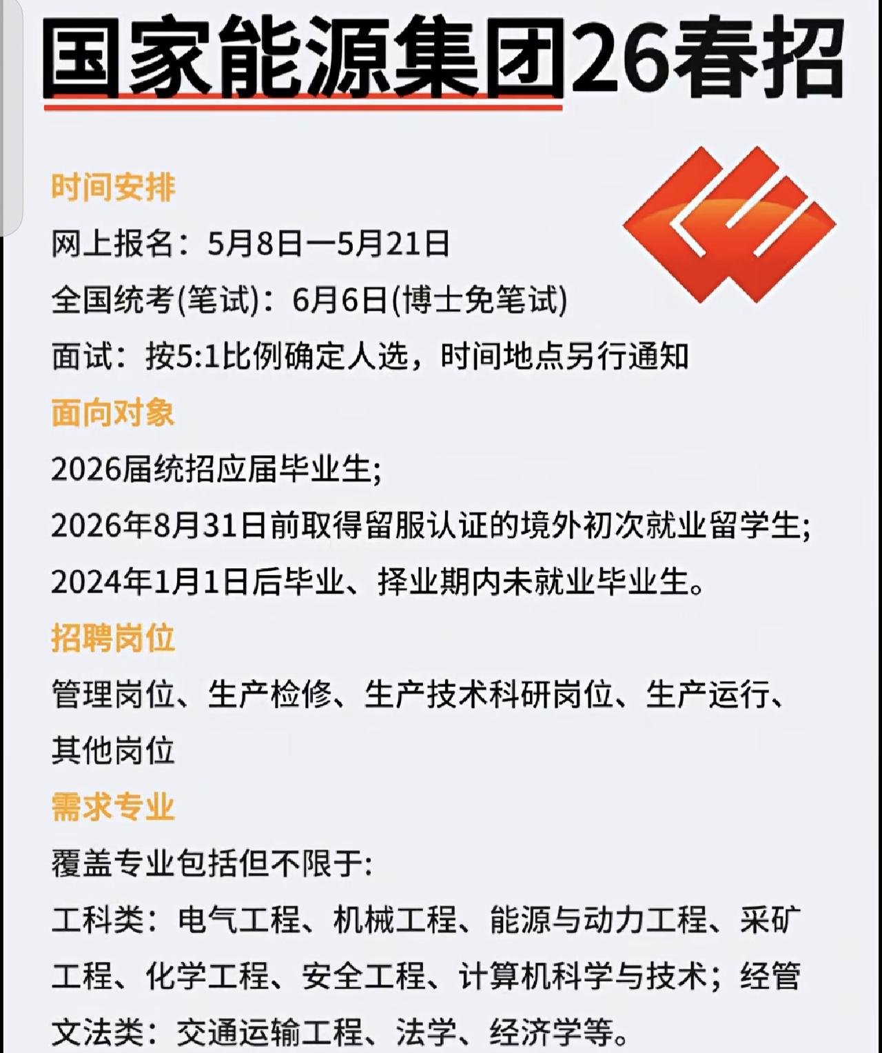 同学们，国家能源集团2026春招正在进行网申中，看到这种央企大厂开闸，第一反应就