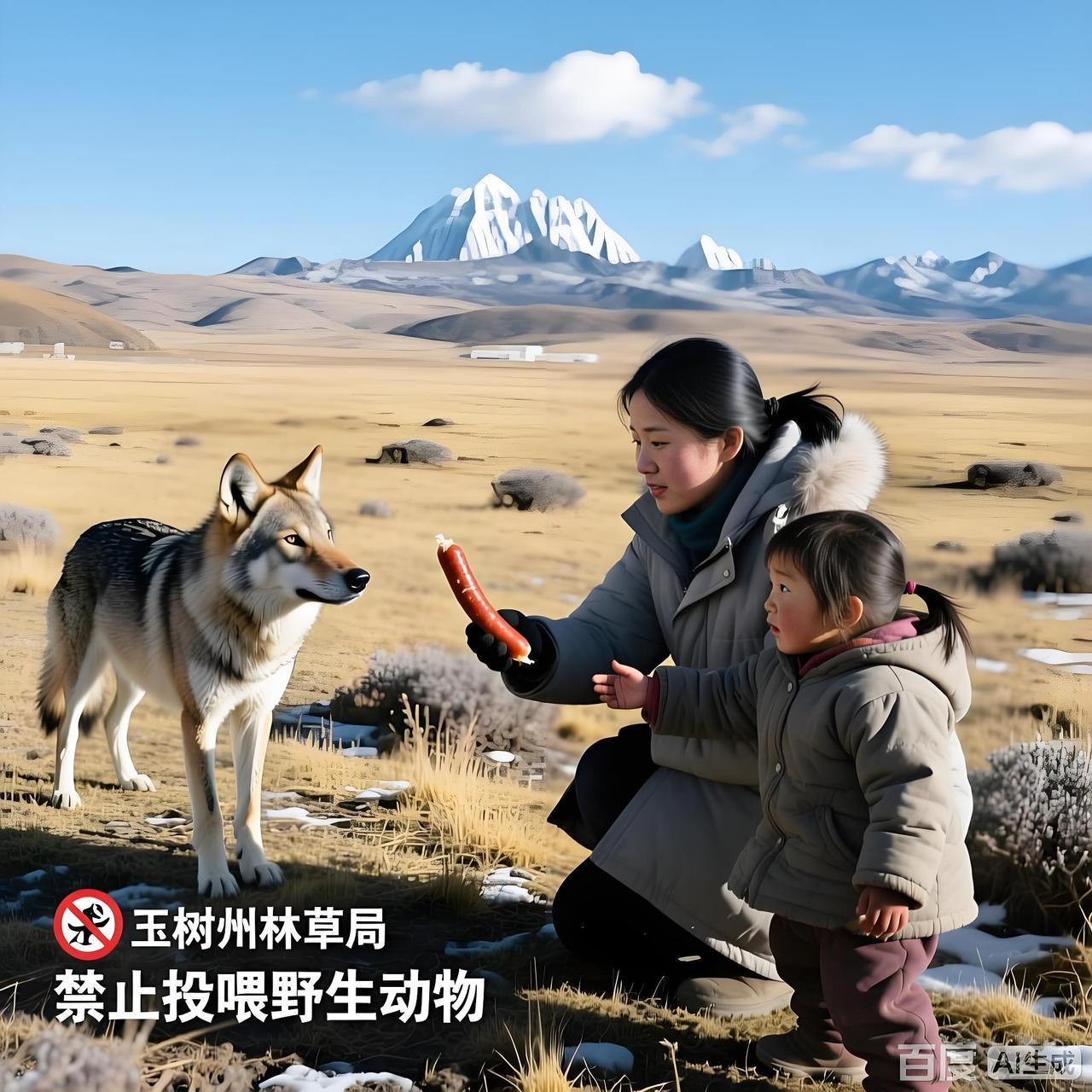 舍不得孩子套不到狼1月28日，青海玉树可可西里一名女子在自驾途中让6岁女儿下车