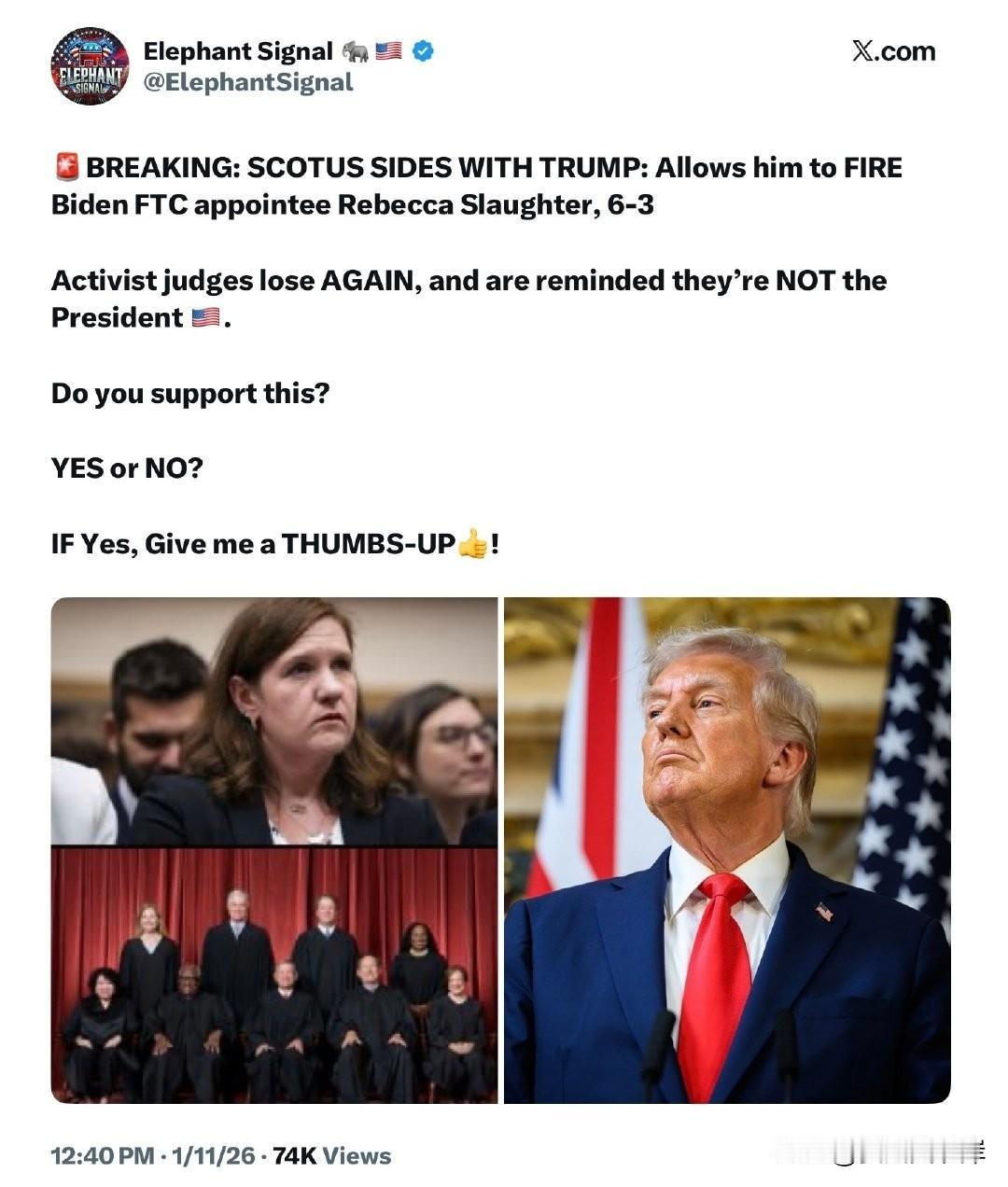 突发消息：美国最高法院支持川普，允许其解雇Biden任命的联邦贸易委员会官员Re