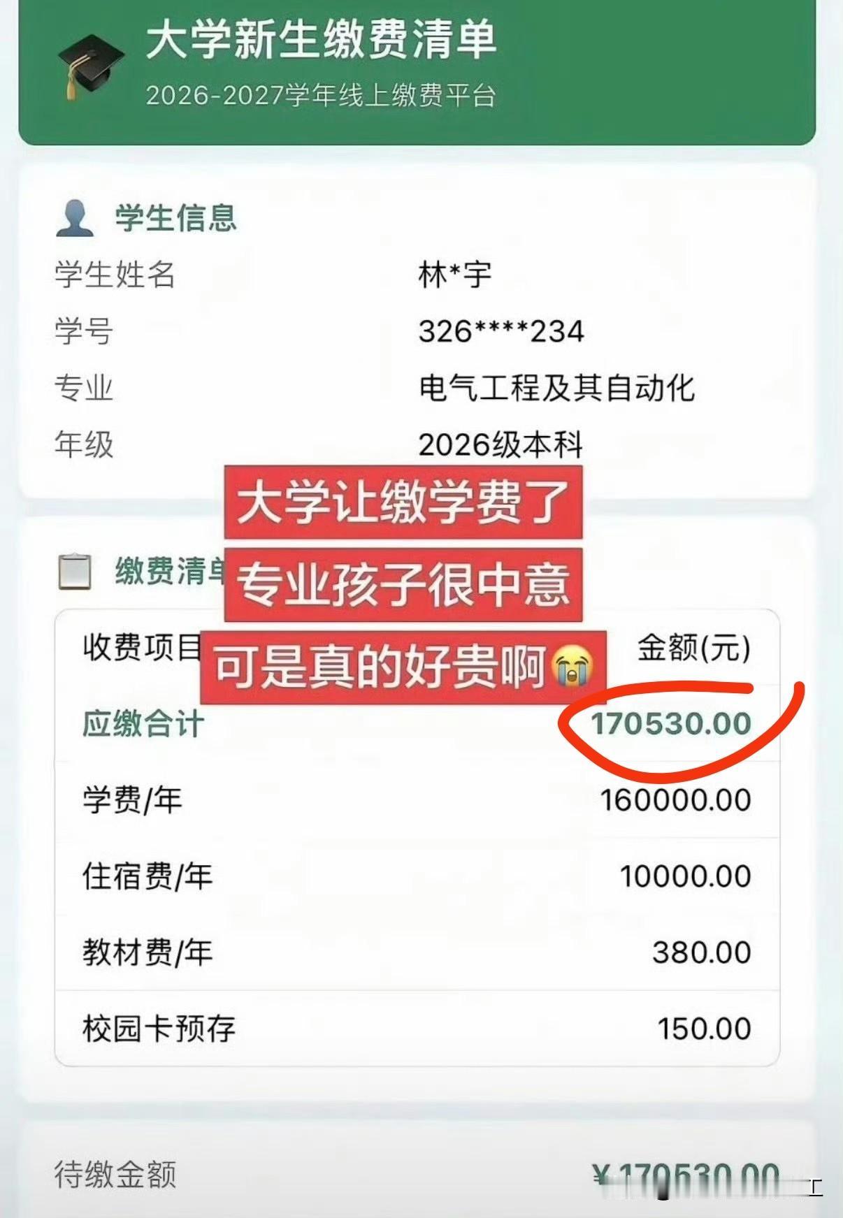 这个应该是中外合办的民办大学，一年学费17万，一般家庭吃不消！