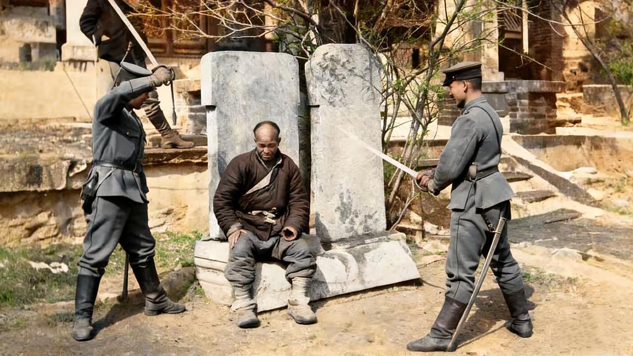 这是1900年两名日本兵高高举起自己的军刀朝向清朝的一名男子。男子老老实实地坐着