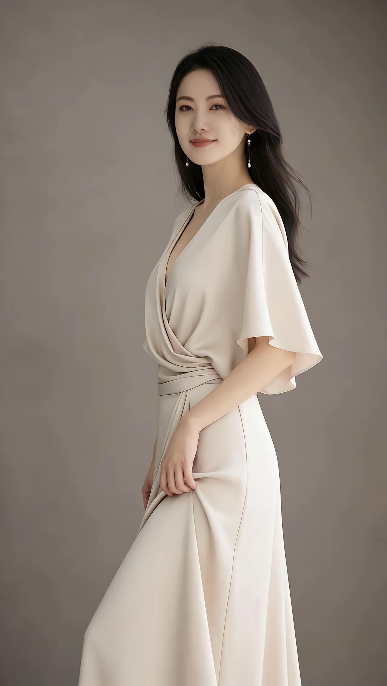 优雅气质，温柔似水，米色长裙，尽显女性魅力。