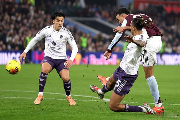 阿斯顿维拉vs曼联第57分钟，蒂勒芒斯在很困难的情况下，左路底线处倒地传中，沃