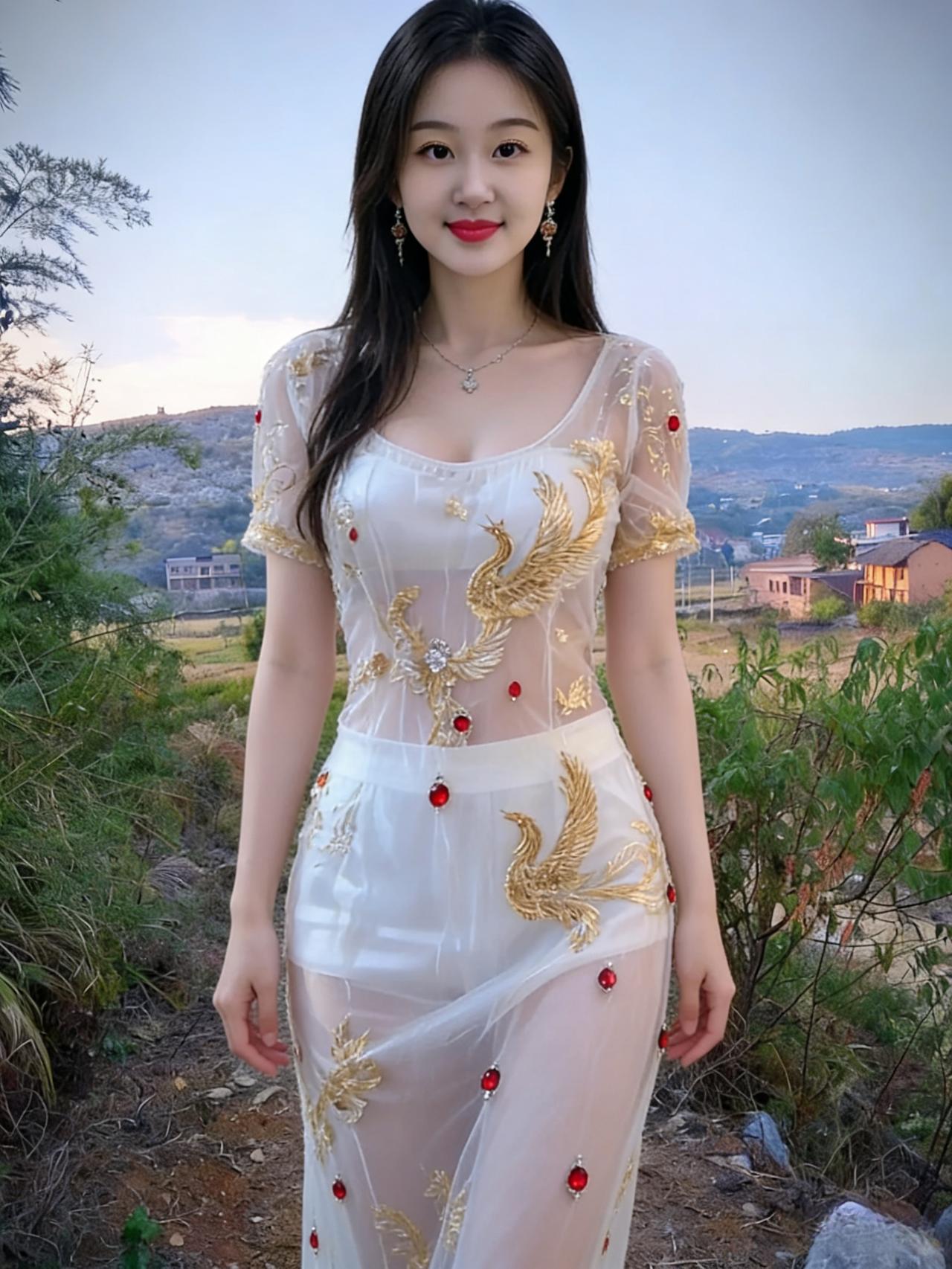 白纱漫卷凤凰纹，红珠斜缀玉肌匀。一笑嫣然山野静，恍如仙袂下凡尘。