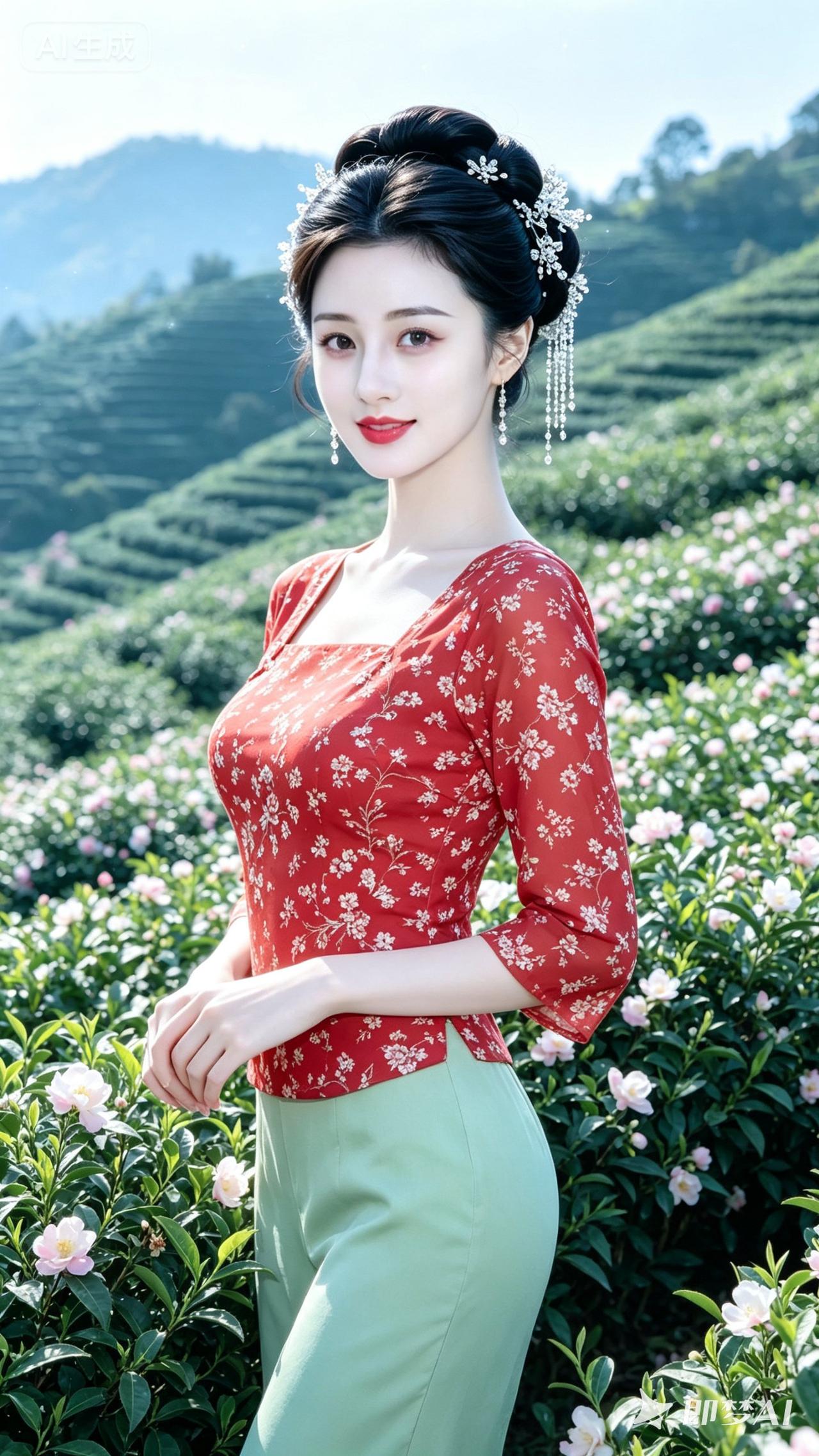 古风少女漫步花海，红衣绿裙，如梦似幻