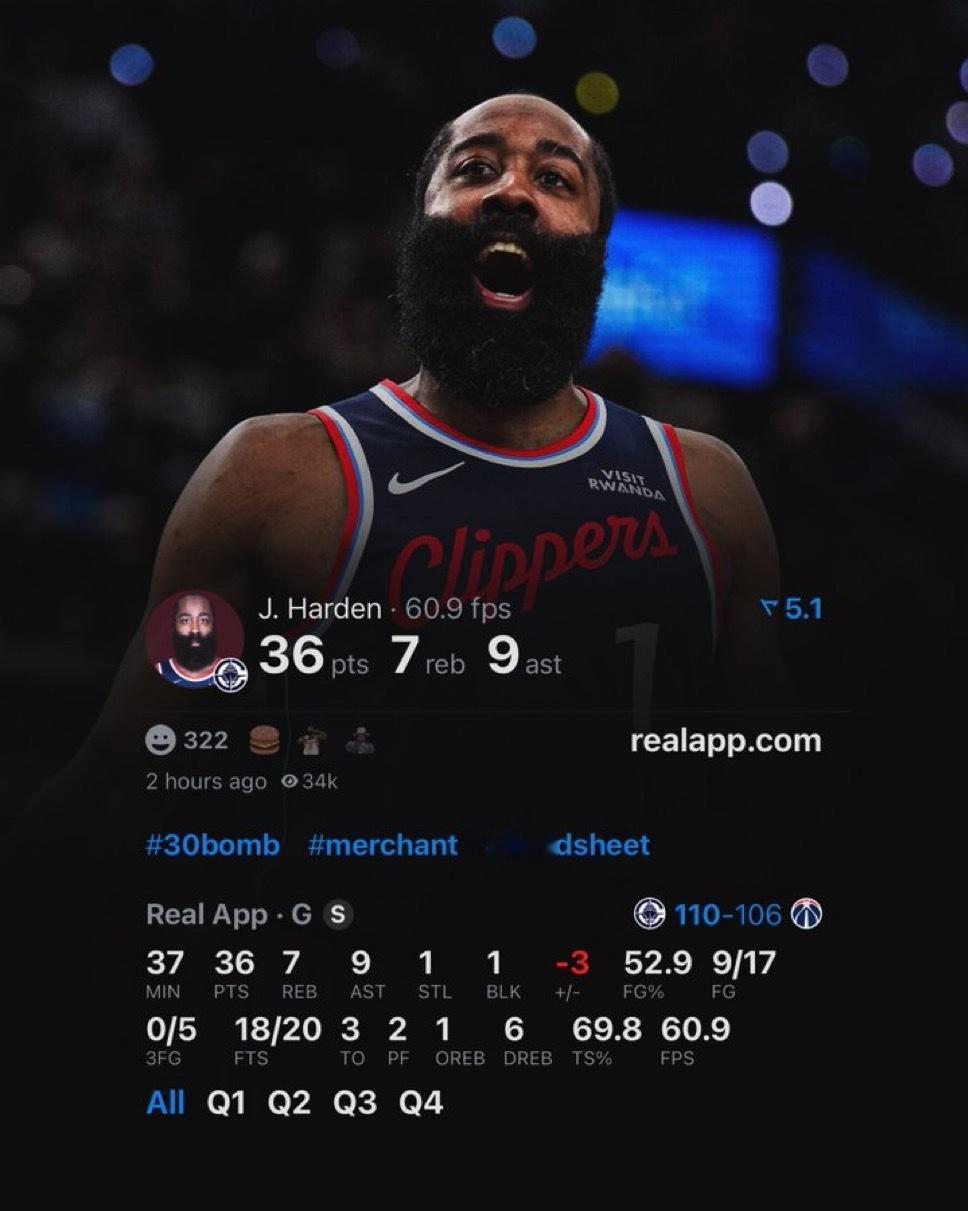船记：“这是詹姆斯·哈登职业生涯中，在没有命中任何三分球的情况下，得分最高的一场