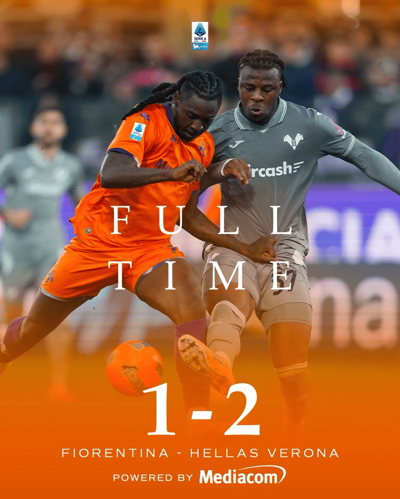 15轮不胜! 佛罗伦萨主场负于维罗纳排名垫底, 距保级区差8分