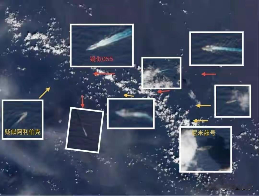 055大驱领衔的解放军编队，正面横穿美军航母战斗群，尽显霸气。“尼米兹”号在南