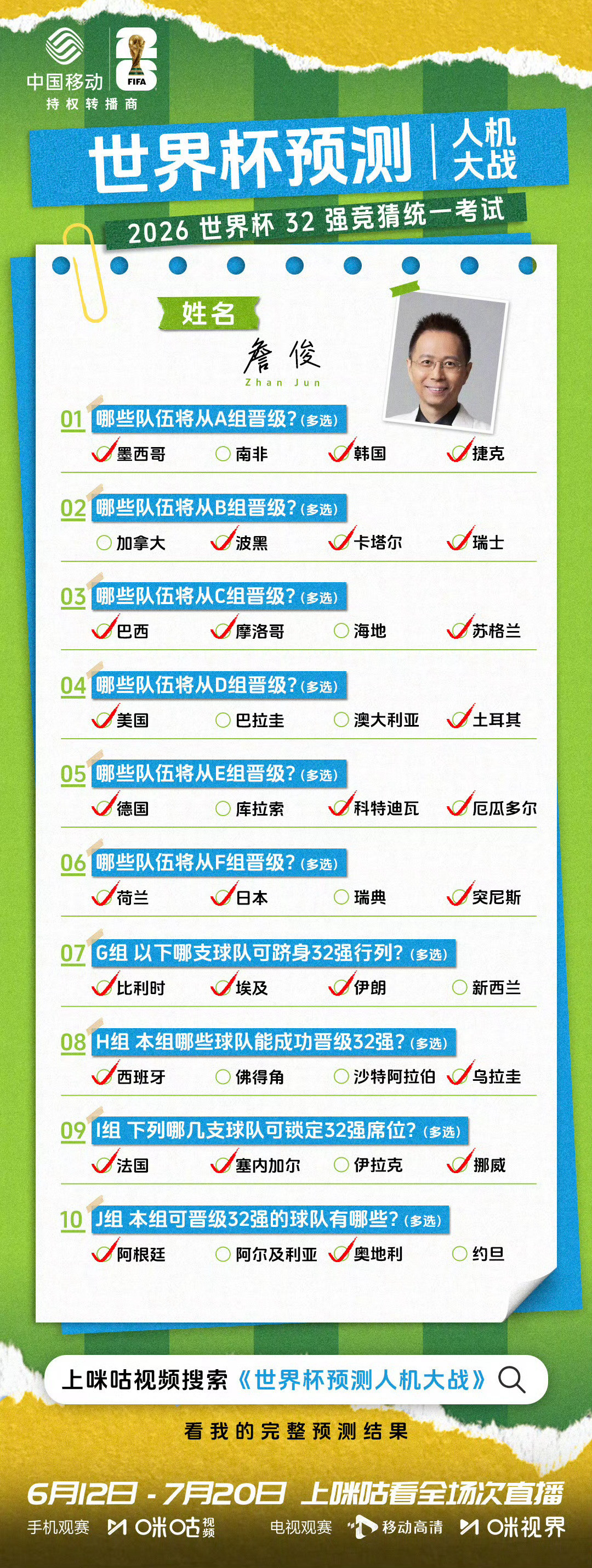 世界杯预测人机大战咪咕世界杯预测人机大战来了！AI大数据vs解说天团集体答题，这