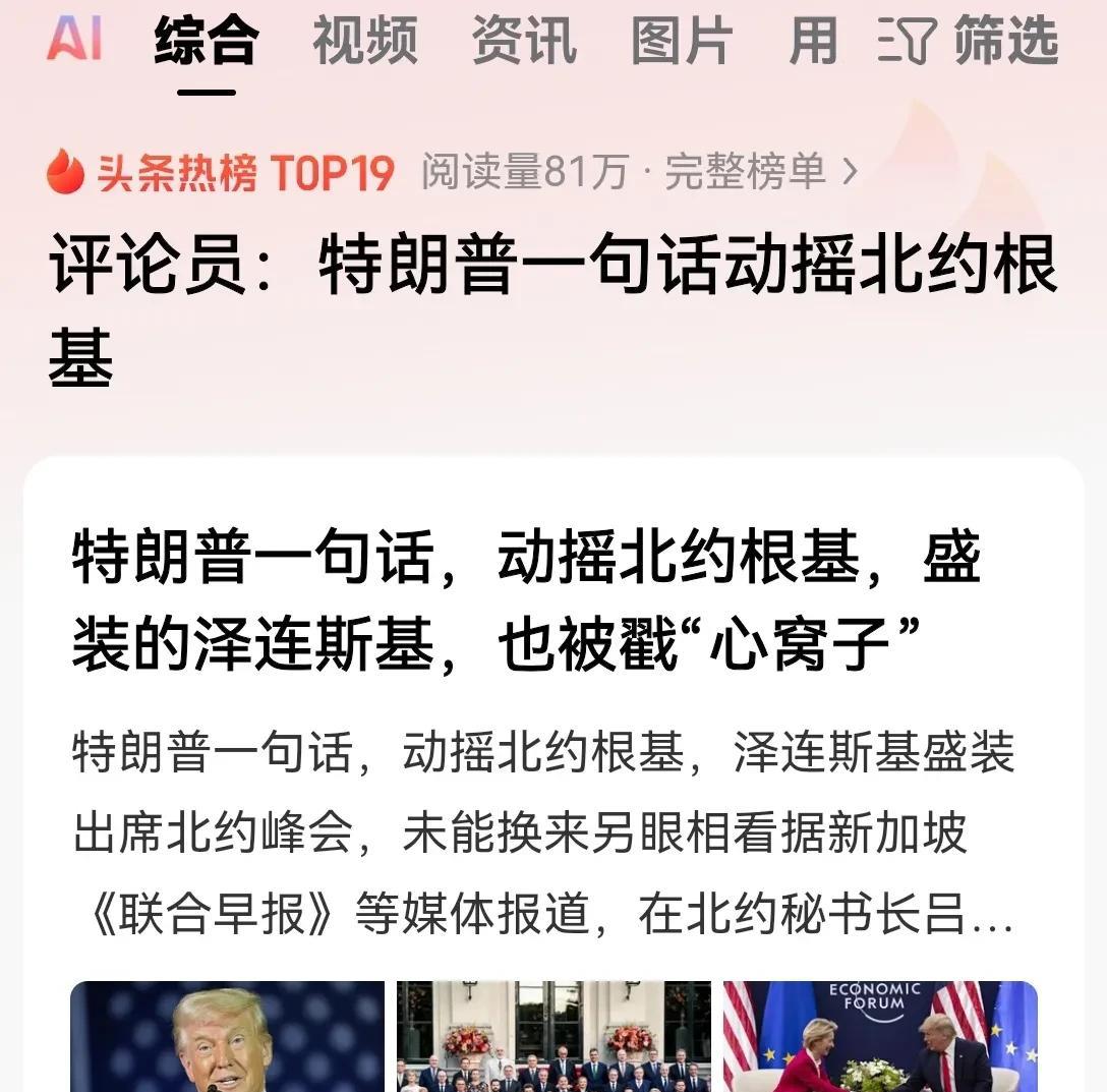 昨日特朗普在海牙参加北约峰会，期间他接受记者采访时说了一句话，让所有北约成员国都