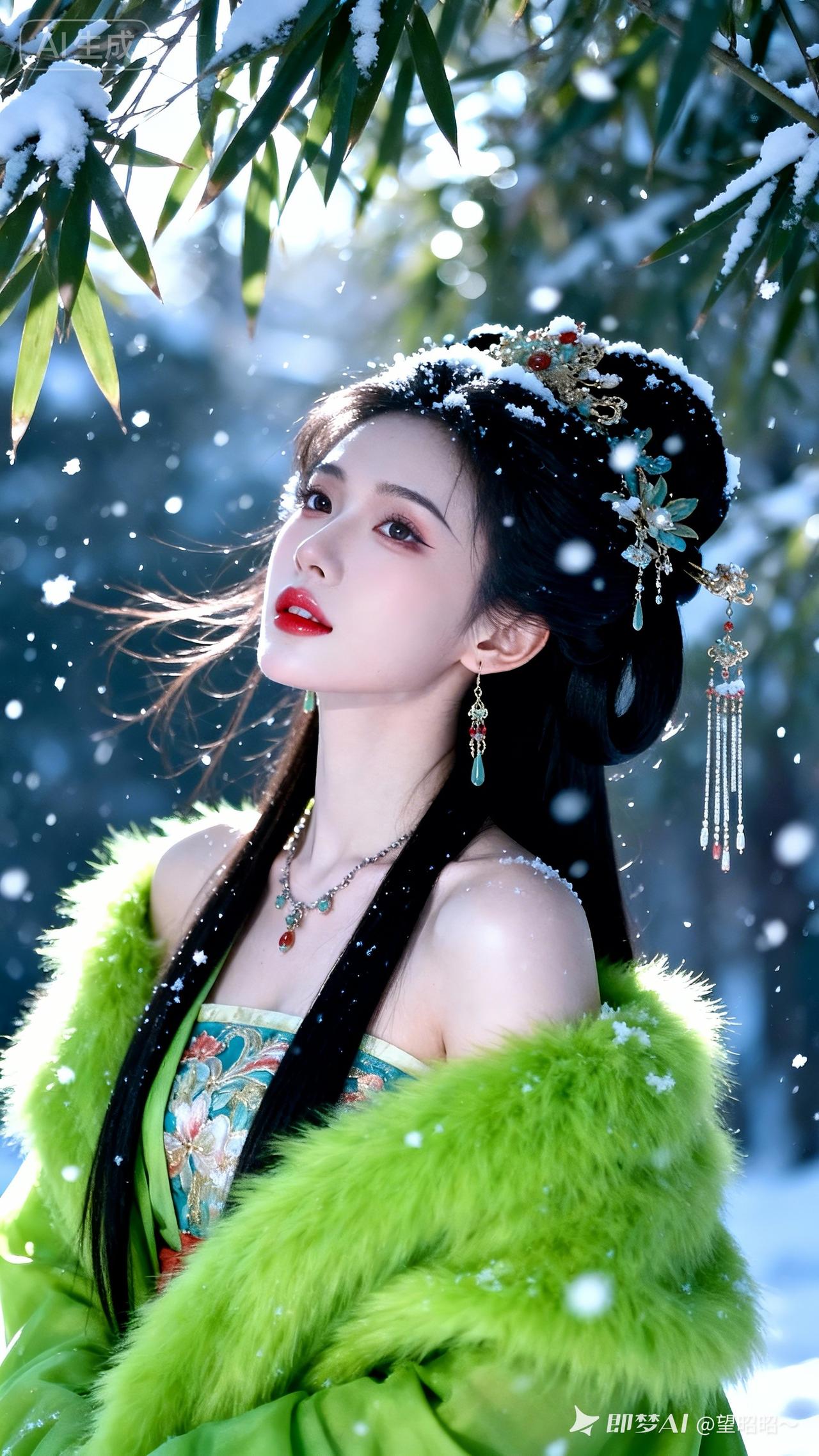 蓝光超清写真，唐风少女披翠绿绒披风立于外景，分层长发灵动，精致步摇长坠饰点缀，冷