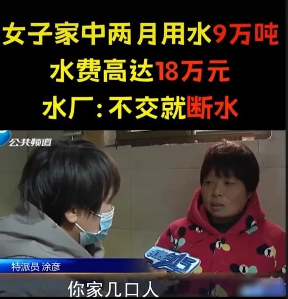 女子家中二月用水9万吨，水费高达18万，水厂表示：不交钱自来水公司就停水那我们来