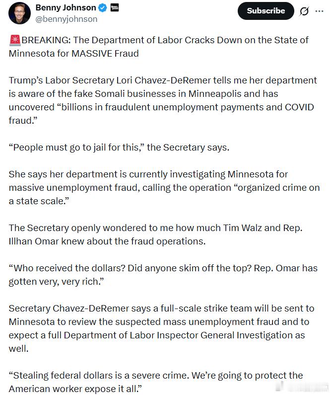 本尼·约翰逊：劳工部重拳打击明尼苏达州的大规模欺诈劳工部长洛里·查韦斯-德雷默（