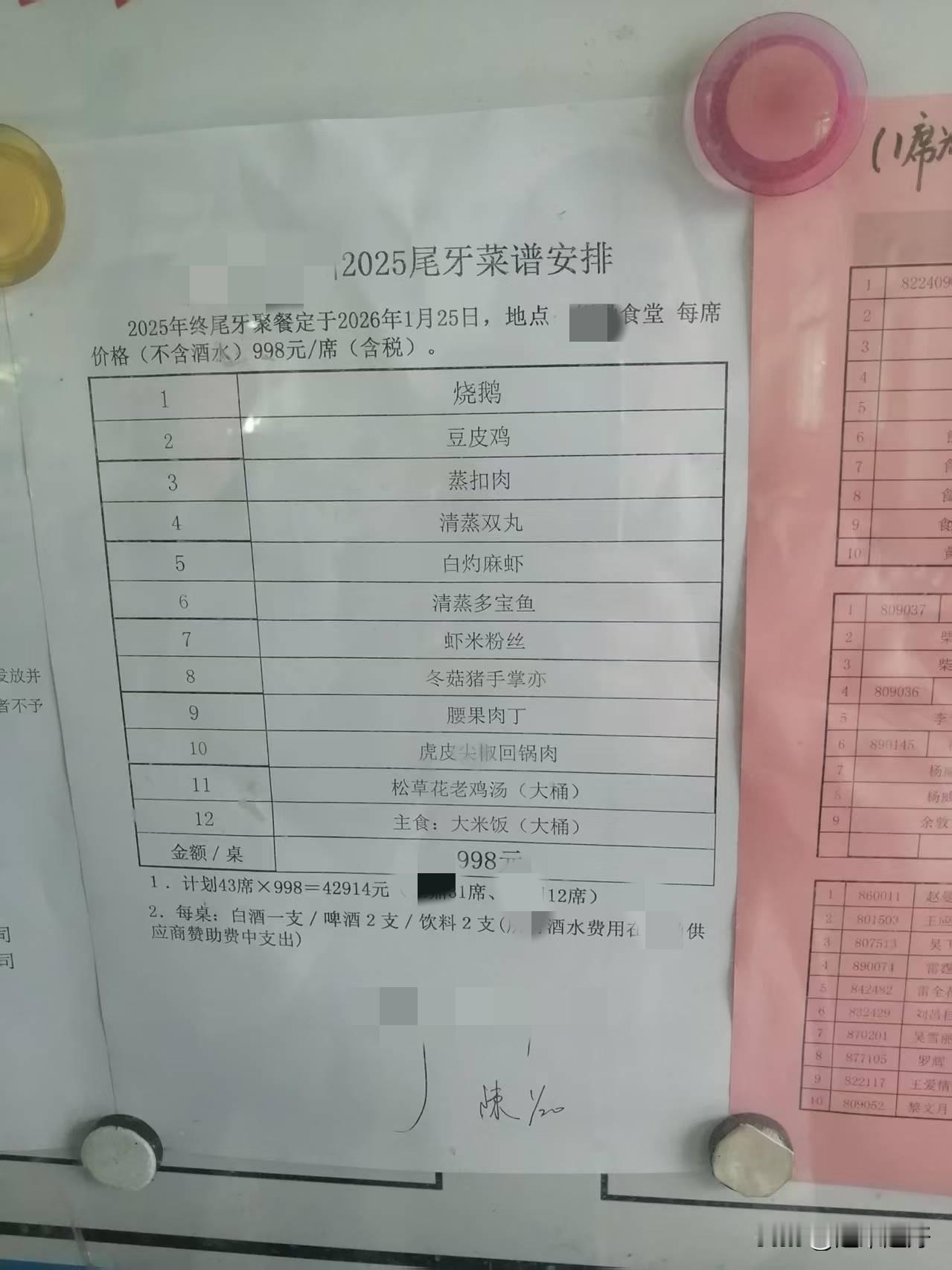 看看我们公司明天尾牙宴的菜单，你觉得是否很丰盛？12道硬菜，共998元。是跟兄