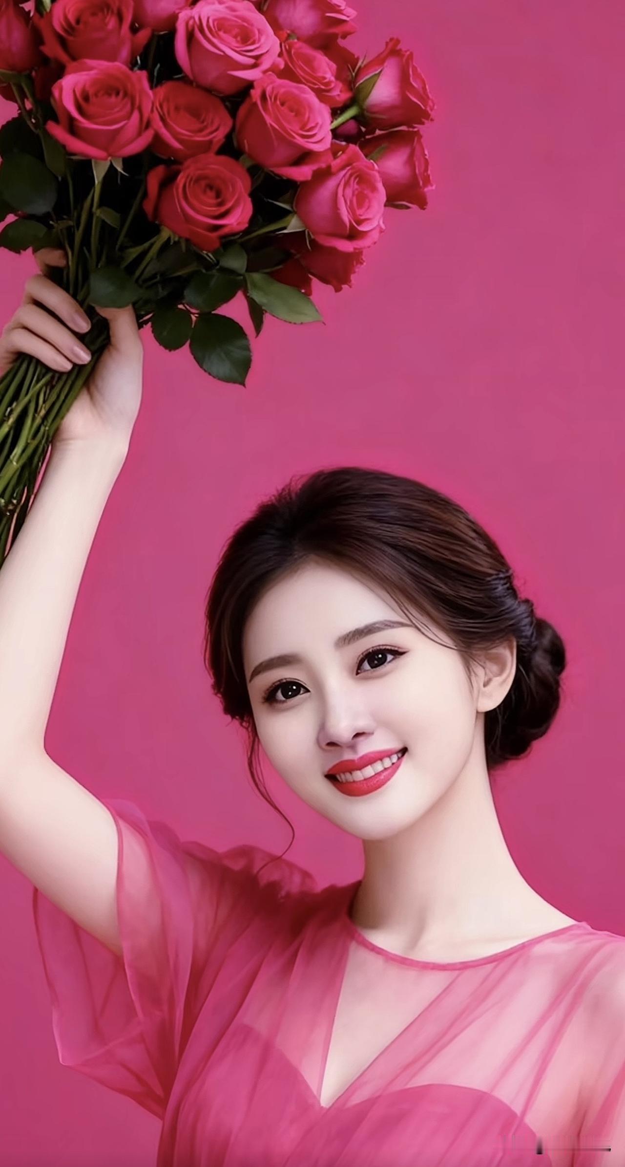 红衣美人捧玫瑰，笑靥如花映粉妆。玫瑰红裙少女红衣女拍照玫瑰红装美女红衣女拍