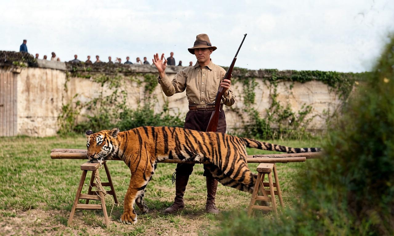 民国时期的福建福清，一个西洋人手持猎枪站在猎杀的老虎后面，正得意洋洋地展示射杀老