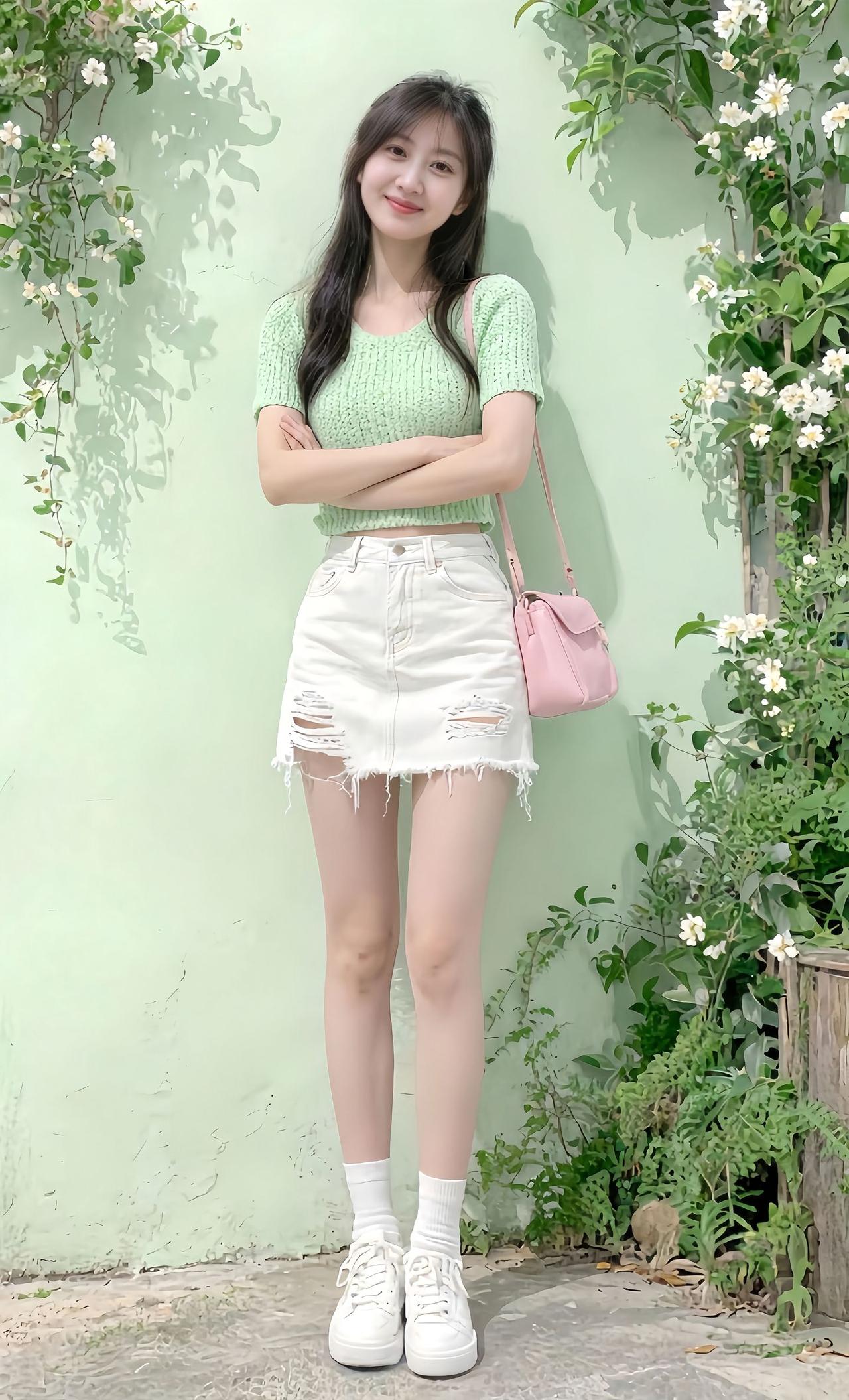 清新少女风穿搭，绿色针织衫搭配白色破洞牛仔裙，粉色小包包点缀，元气满满！🌸💕