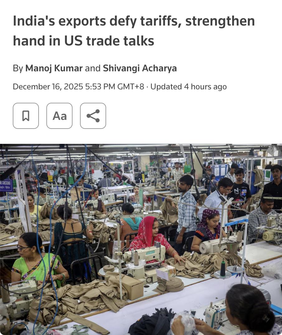 外媒：尽管美国对印度商品加征高额关税，印度11月出口仍同比增长19%，达381.