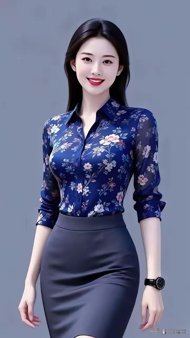 优雅蓝花衬衫+高腰灰裙，职场女性的时尚穿搭！💄👠