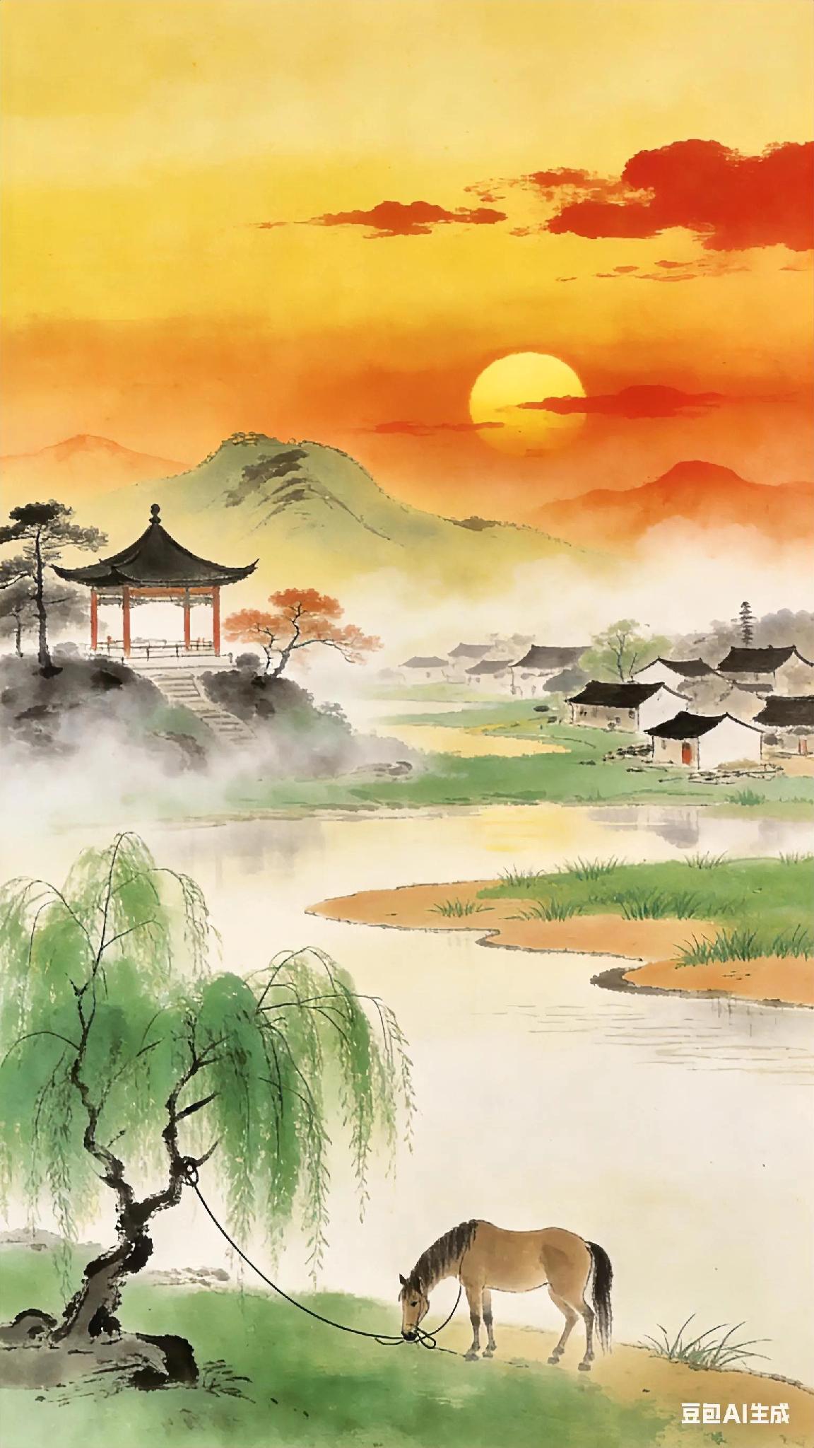 《越调》天净沙闲题、吴西逸。江亭远树残霞，淡烟芳草平沙。绿柳阴中系马。夕