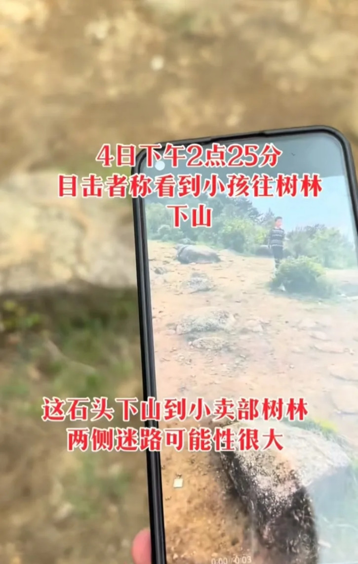 4日下午2点25分，目击者称看到小孩往树林下山，有游客曾偶遇，称其“脸色惨白”，