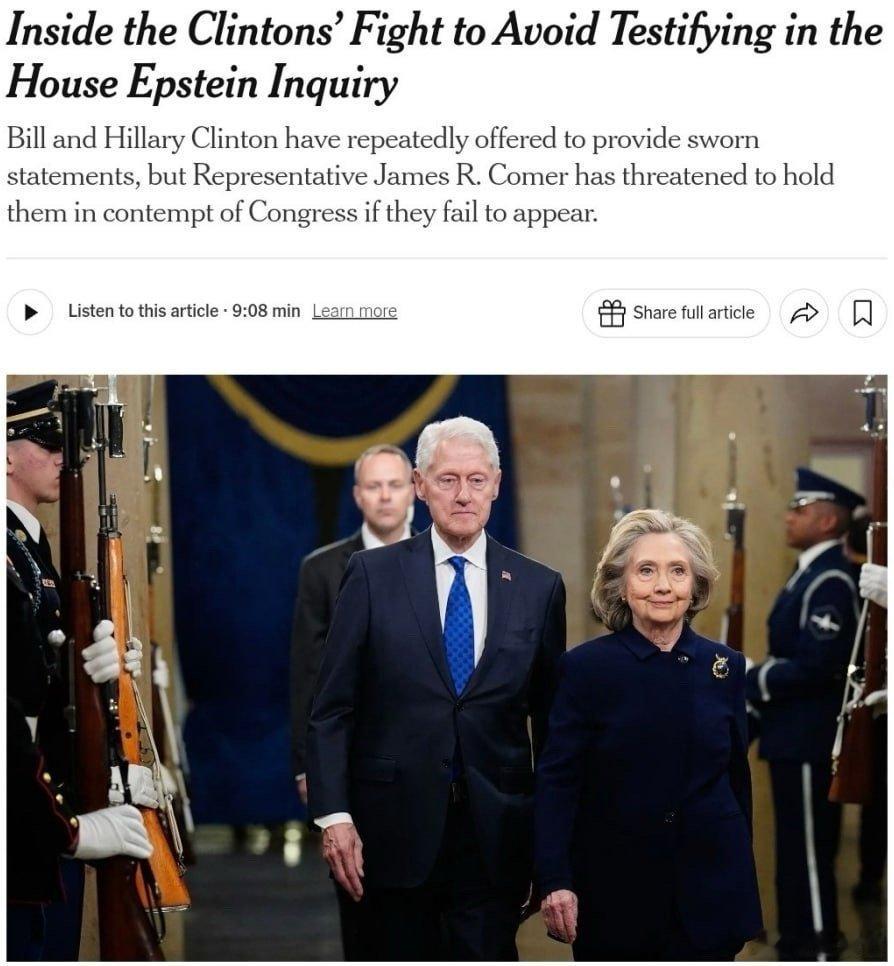 ‼️克林顿夫妇就爱泼斯坦案传票对峙国会，或面临藐视国会处罚美国国会
