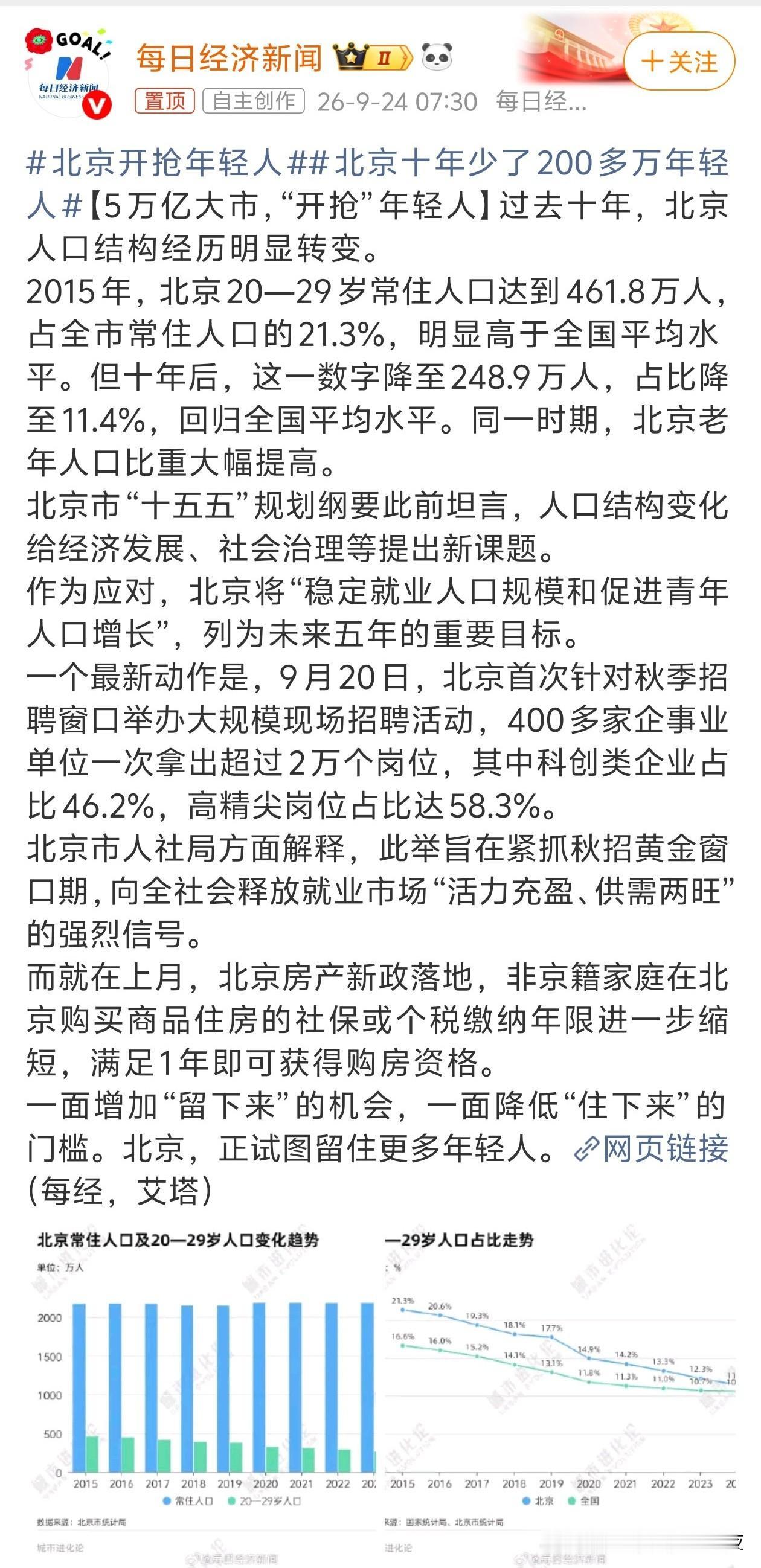 北京十年少了200多万年轻人我个人理解不是北京流失200多万年轻人，其实并非