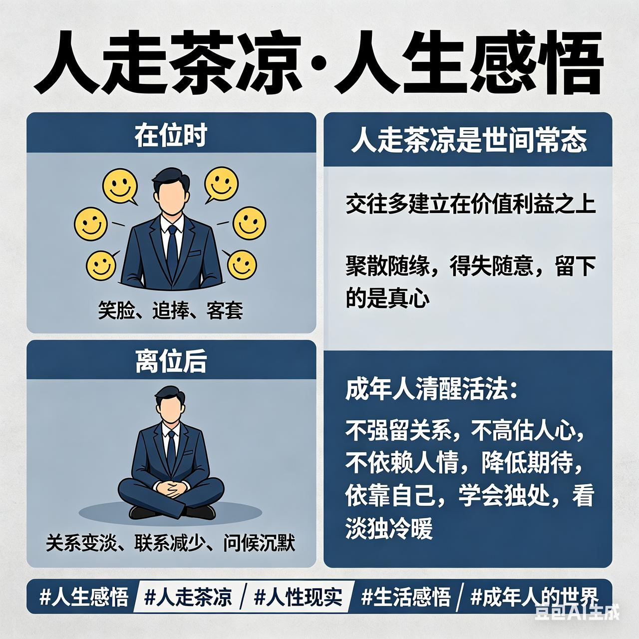 其实不用不承认，人走茶凉，本就是世间常态。人在位时，身边从不缺笑脸、追捧和