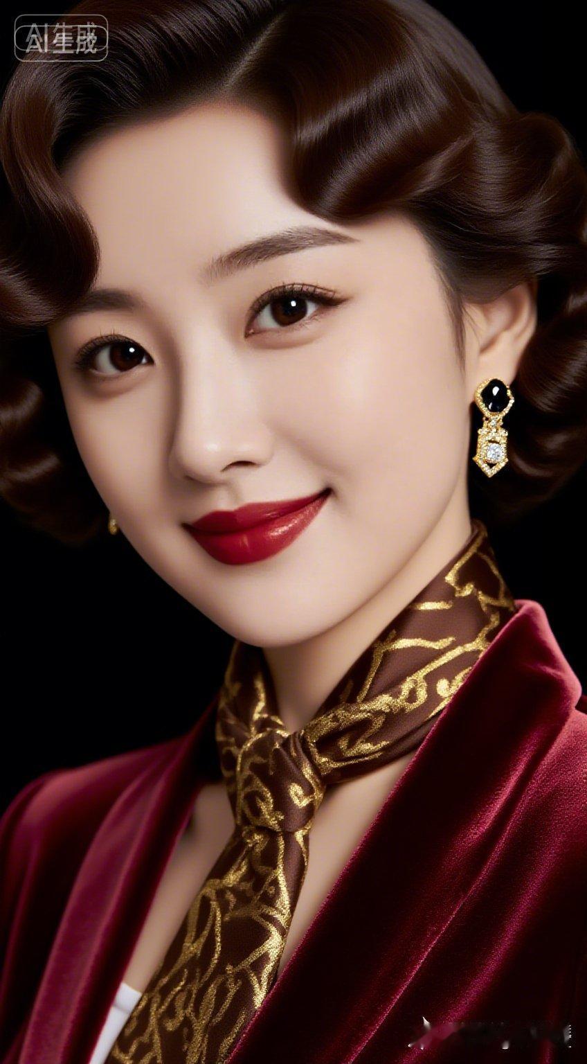 优雅复古风，红唇与金色耳环的完美搭配，尽显女性魅力！