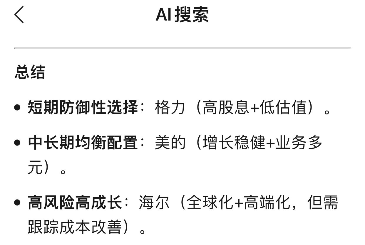 我问人工智能DS，海尔、格力、美的三家上市公司股票，应该买那一家。他说：短期防御