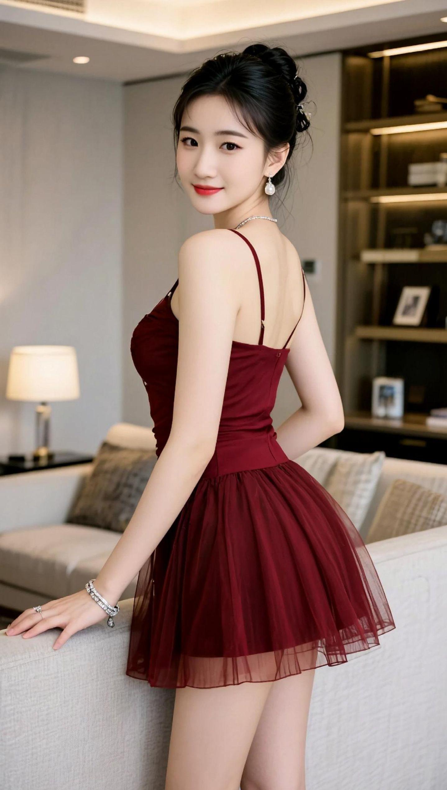 AI酒红吊带写真
