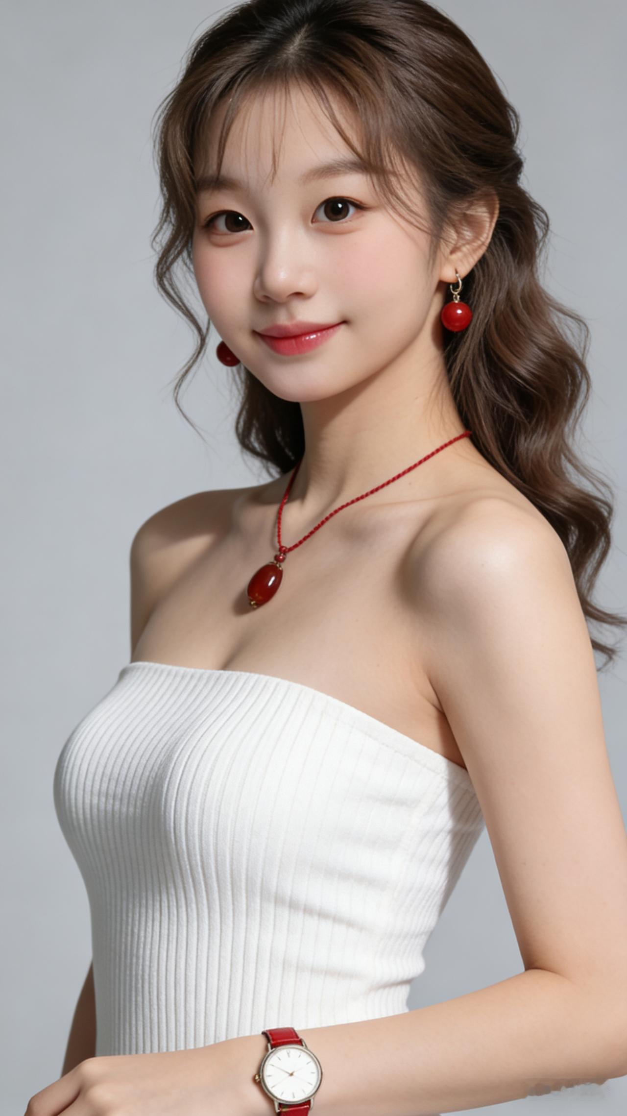 美女冷白肌肤，妆容淡雅精致，红唇明艳大气，眼眸温婉灵动，笑容端庄优雅。身材苗条匀