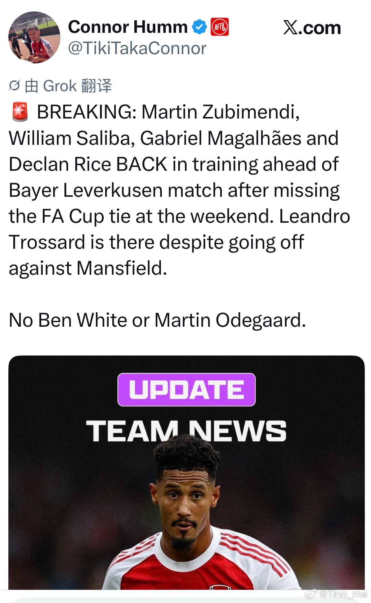 特罗萨德、咖啡参与训练。缺席足总杯的萨利巴、加布、苏维、赖斯也恢复训练。本怀特和