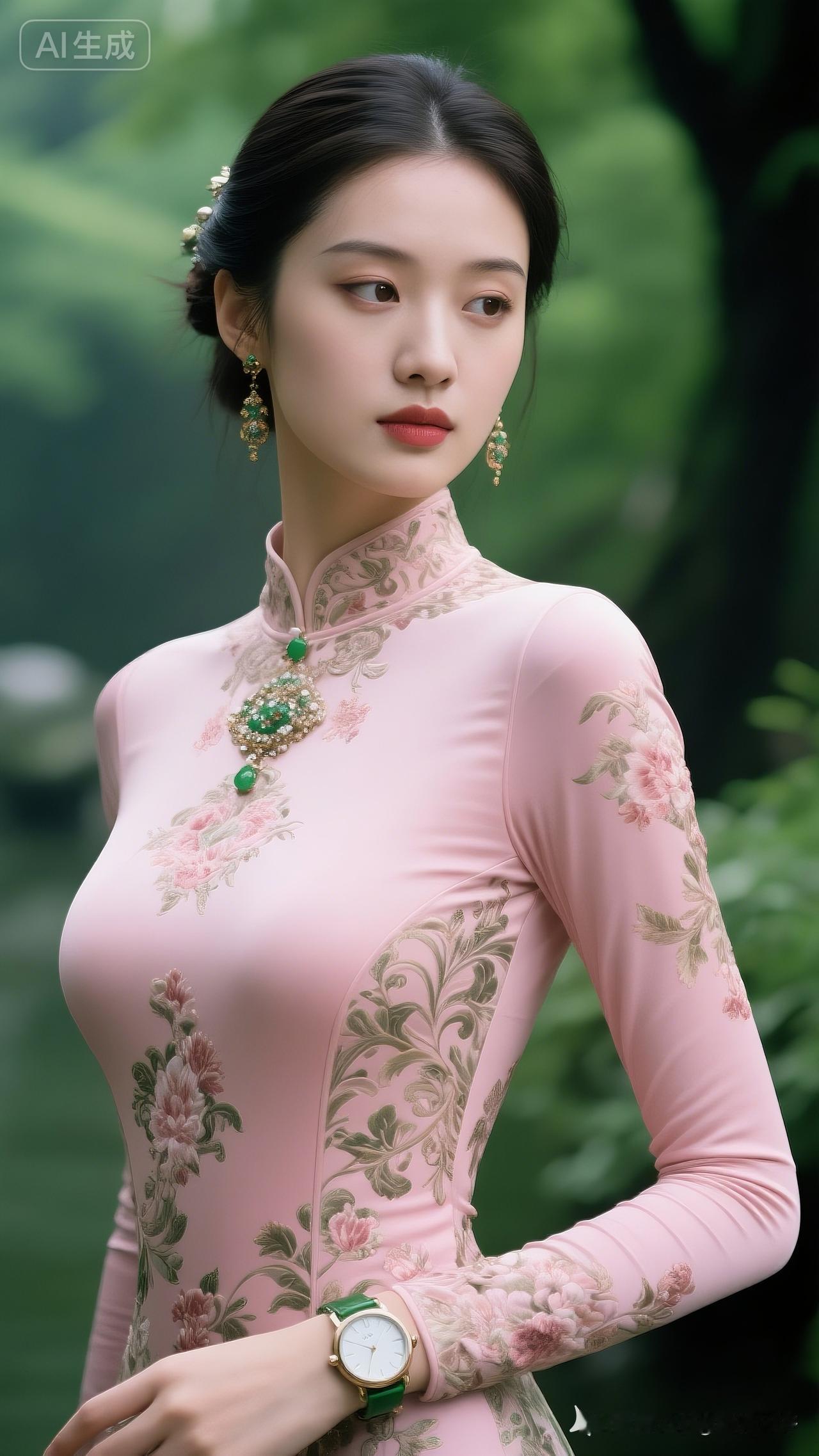 粉嫩旗袍，优雅气质，绿意盎然，尽显东方韵味。
