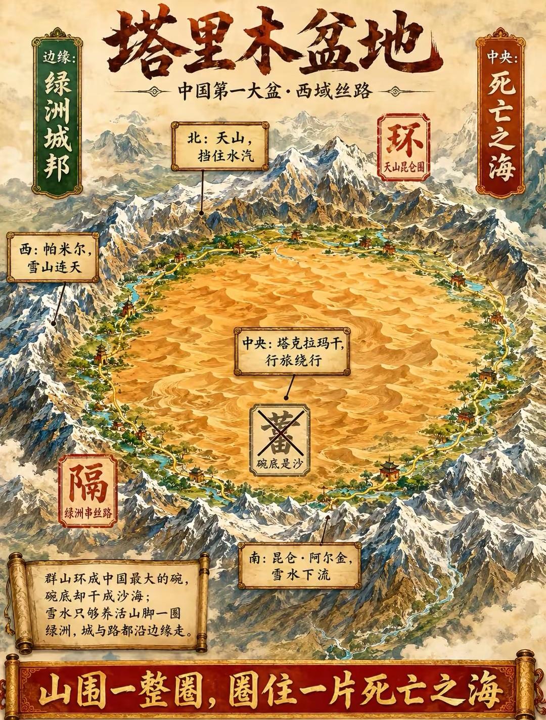 塔里木盆地的独特特质。它是我国面积最大的内陆盆地，总面积足有四十多万平方公里，