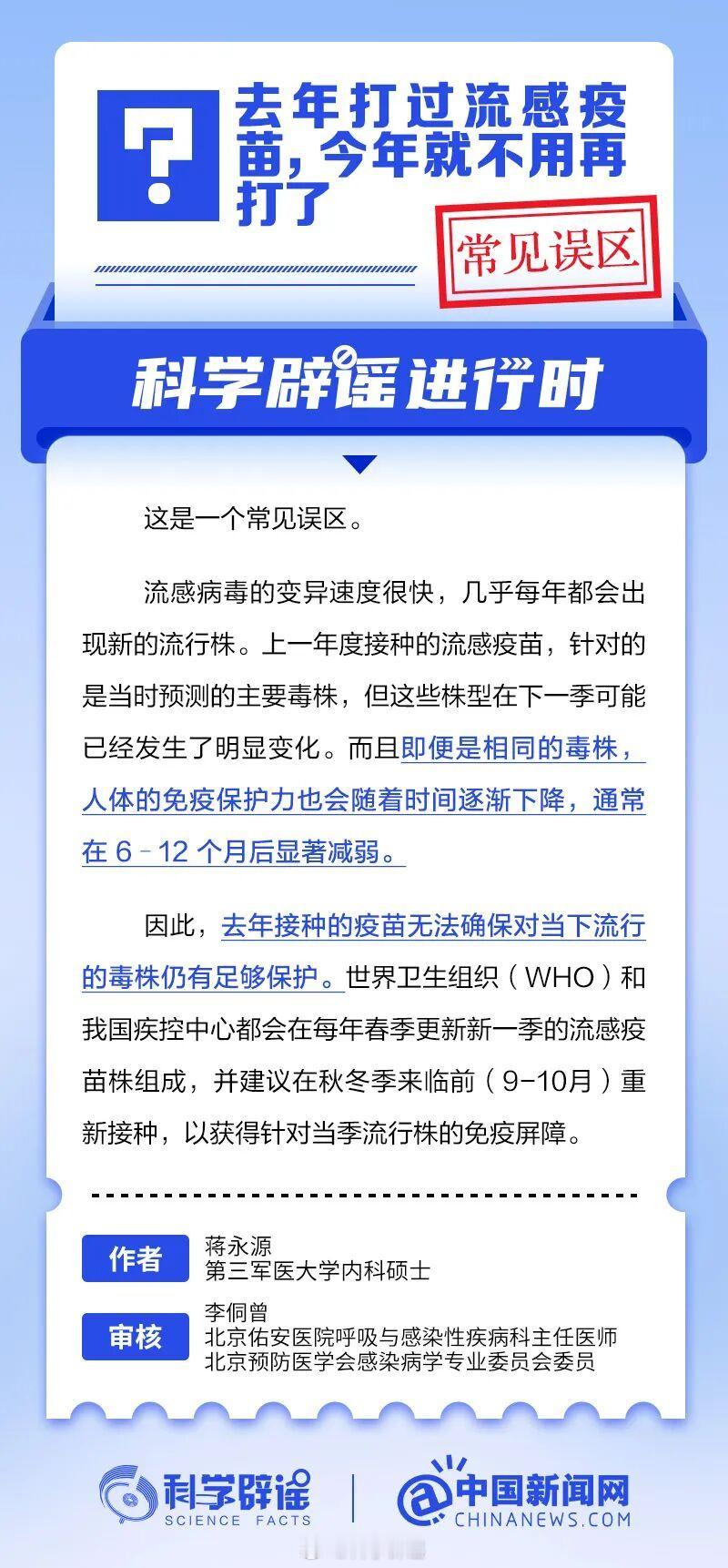 科学辟谣进行时【去年打过流感疫苗，今年就不用再打了？常见误区】流感病毒的变异速度