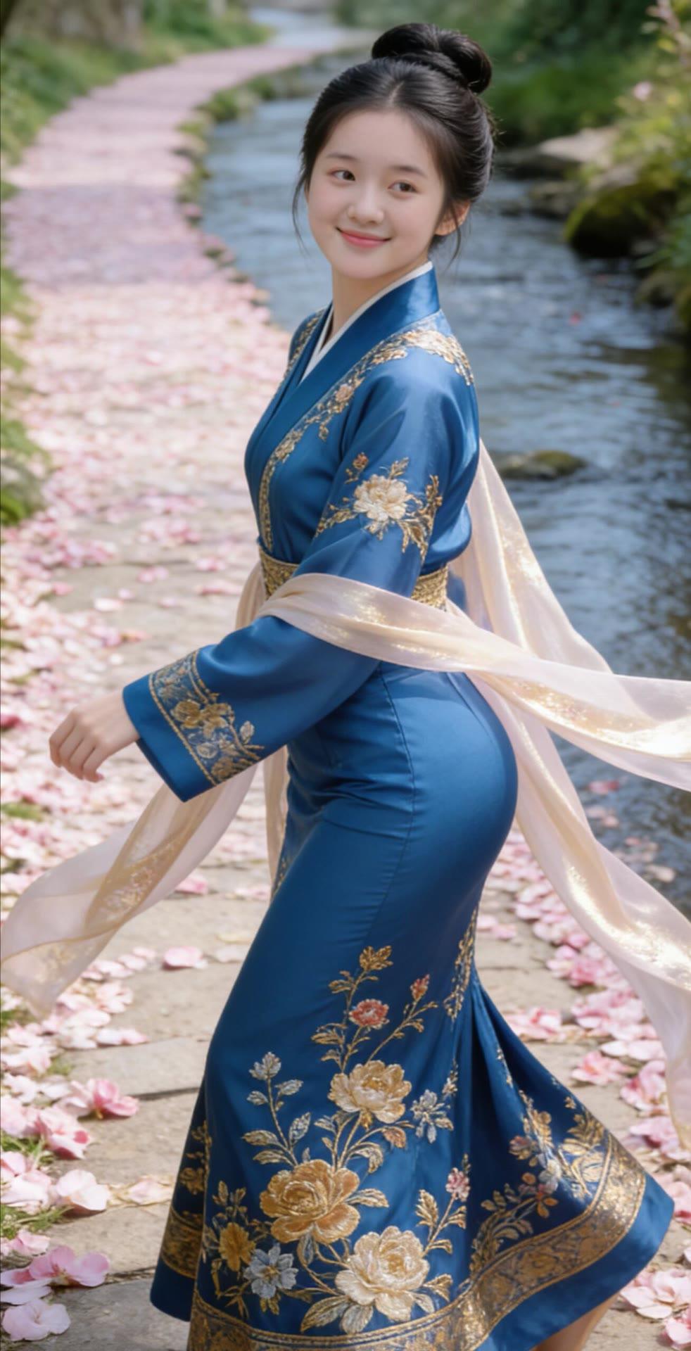 古典美人漫步花径，蓝衣金花，韵味十足！