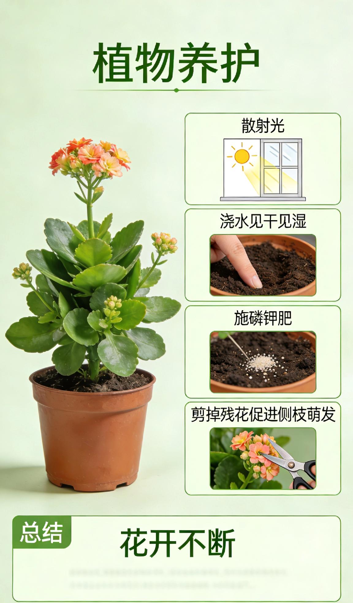 想让长寿花花开不断？记住这几点！每天给它4-6小时散射光，避开正午暴晒；浇水遵循