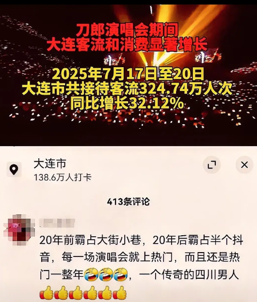 刀郎大连演唱会已结束一天，目前大连文旅官方统计数据出来了，而图中就是大连文旅在抖