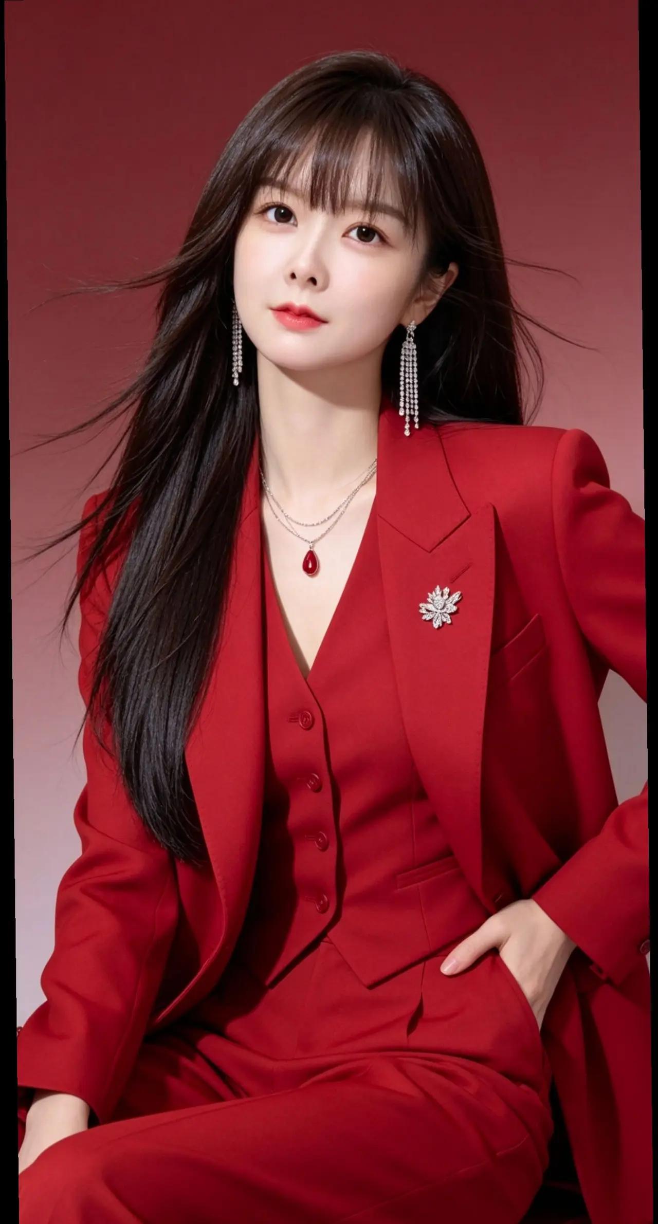 这位美女穿着红色西装，好有气场！