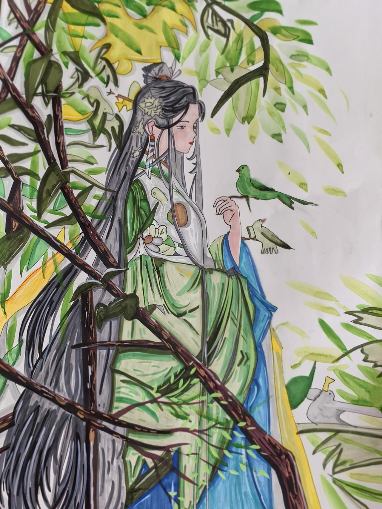 琪同学新画～看着有点忧伤感。枝叶漫衣襟，飞鸟过指尖，万般心事，只向空山说