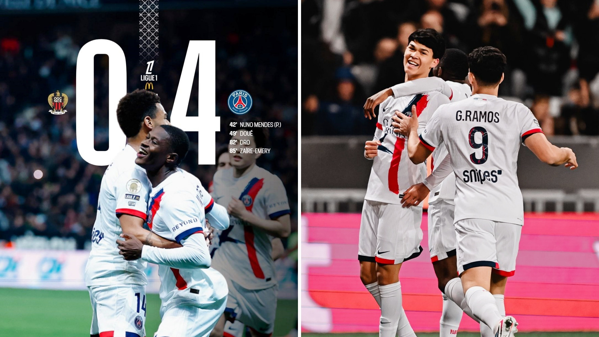 法甲：巴黎客场4-0大胜十人尼斯，少赛一场1分领跑。门德斯1传1射，杜埃破门，