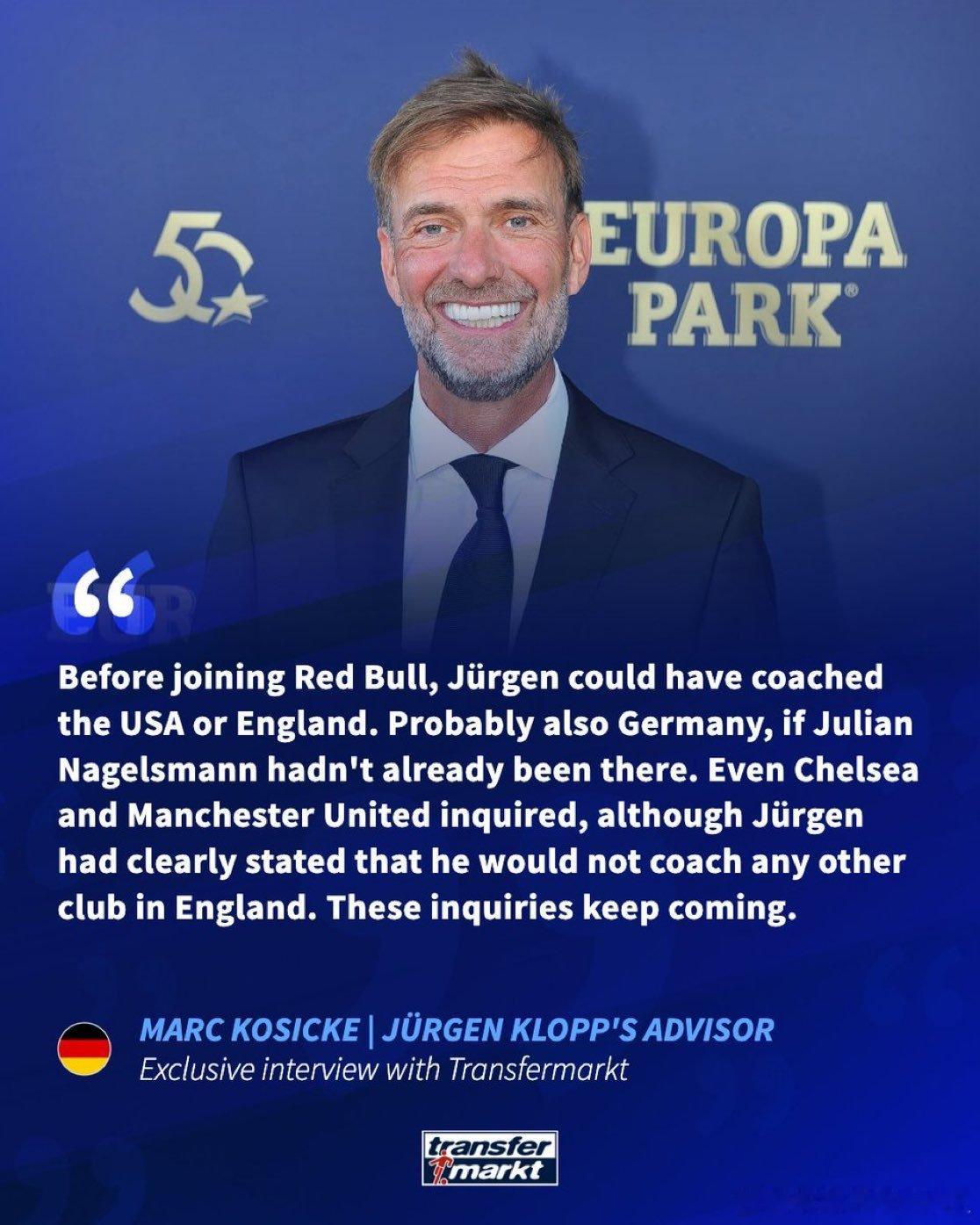 克洛普经纪人在接受采访的时候表示，在加盟莱比锡红牛之前，克洛普本可以选择执教美国