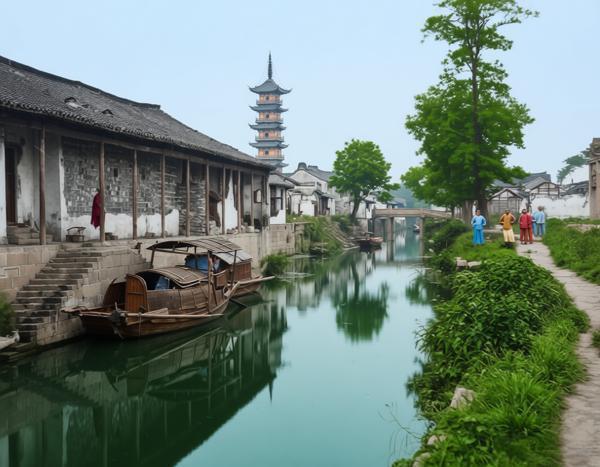 这张拍摄于1870年的照片，是西方摄影师记录的嘉定法华塔与横沥河，也是现存最早展