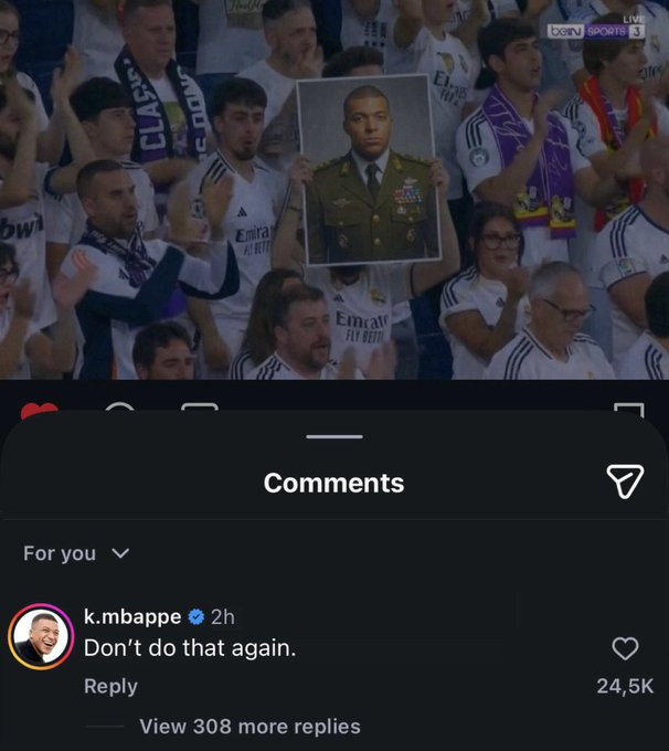 基利安·姆巴佩在Instagram上评论了一张照片：🗣️“别再这样做了。”目