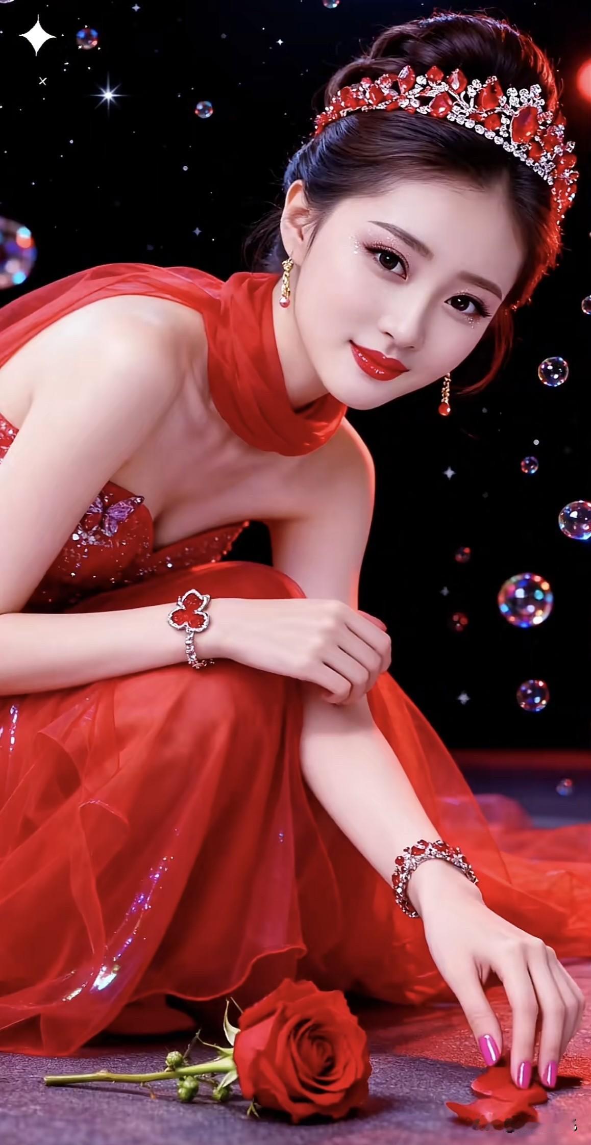 梦幻红衣仙女，玫瑰花瓣飘落，浪漫至极！🌹✨红衣花朵玫瑰红装美女玫瑰红裙少女