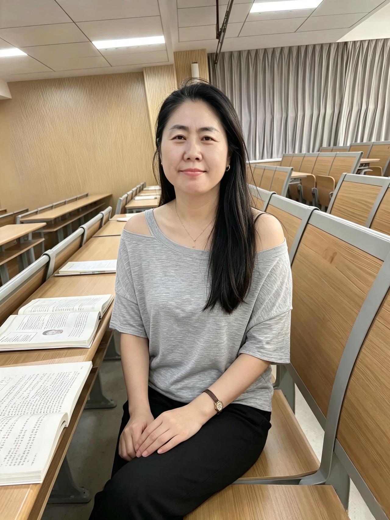 安静的教室洒满柔光书页静静排在桌旁长发顺着肩头轻轻流淌安然落座，神色温婉清