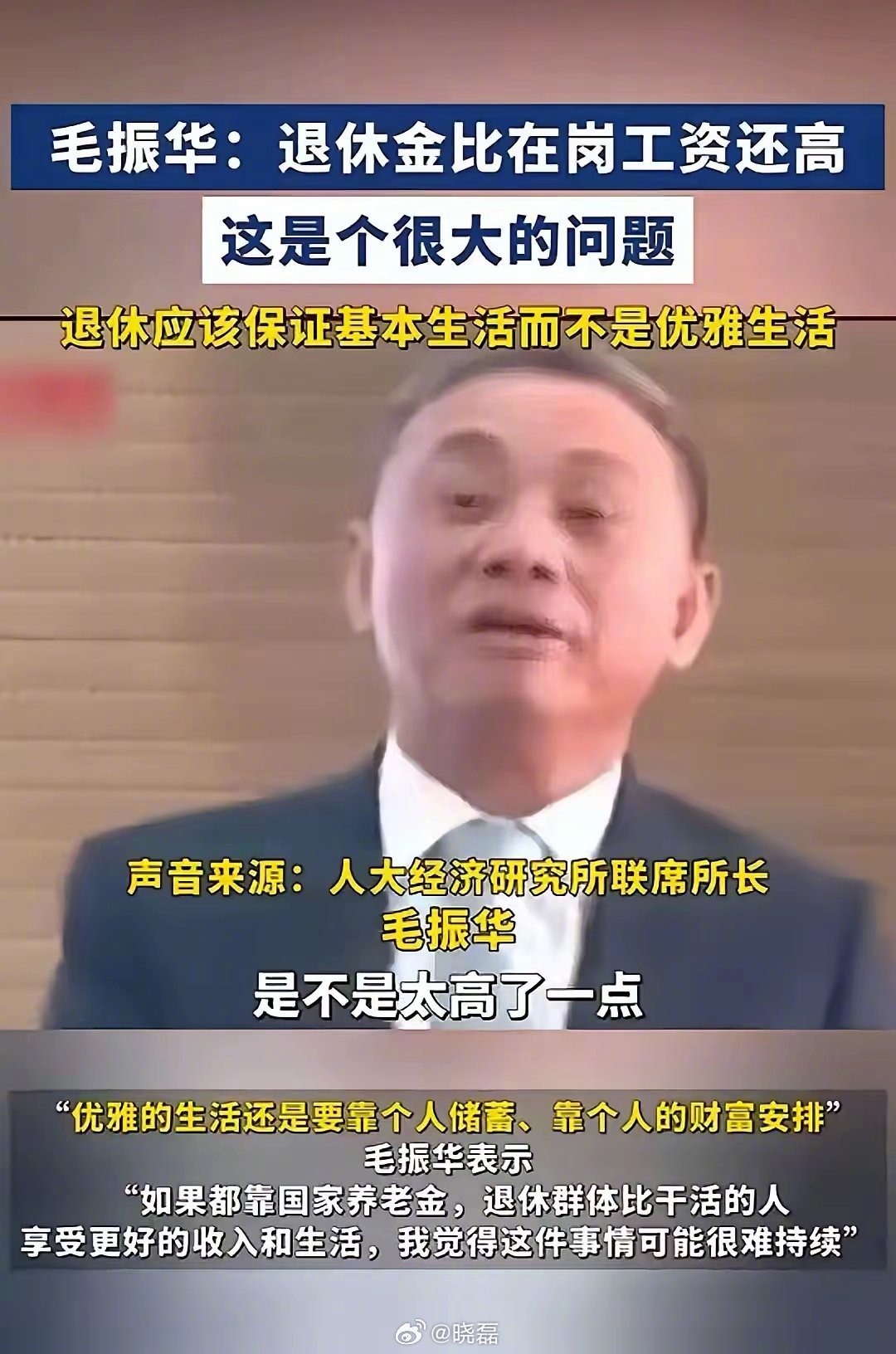 毛振华：退休金的分配应公平，不应超过在职时的工资，确保基本生活需求，而非追求奢华