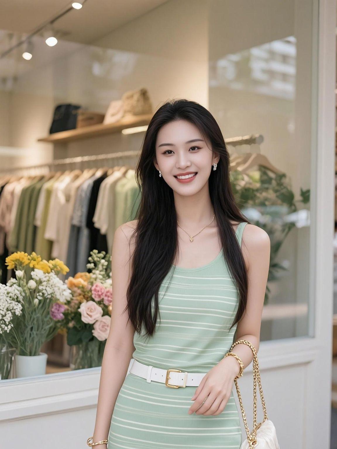 夏日的阳光洒在街头，温柔的光影与清新的穿搭相得益彰。薄荷绿的背心搭配简约牛仔裤，